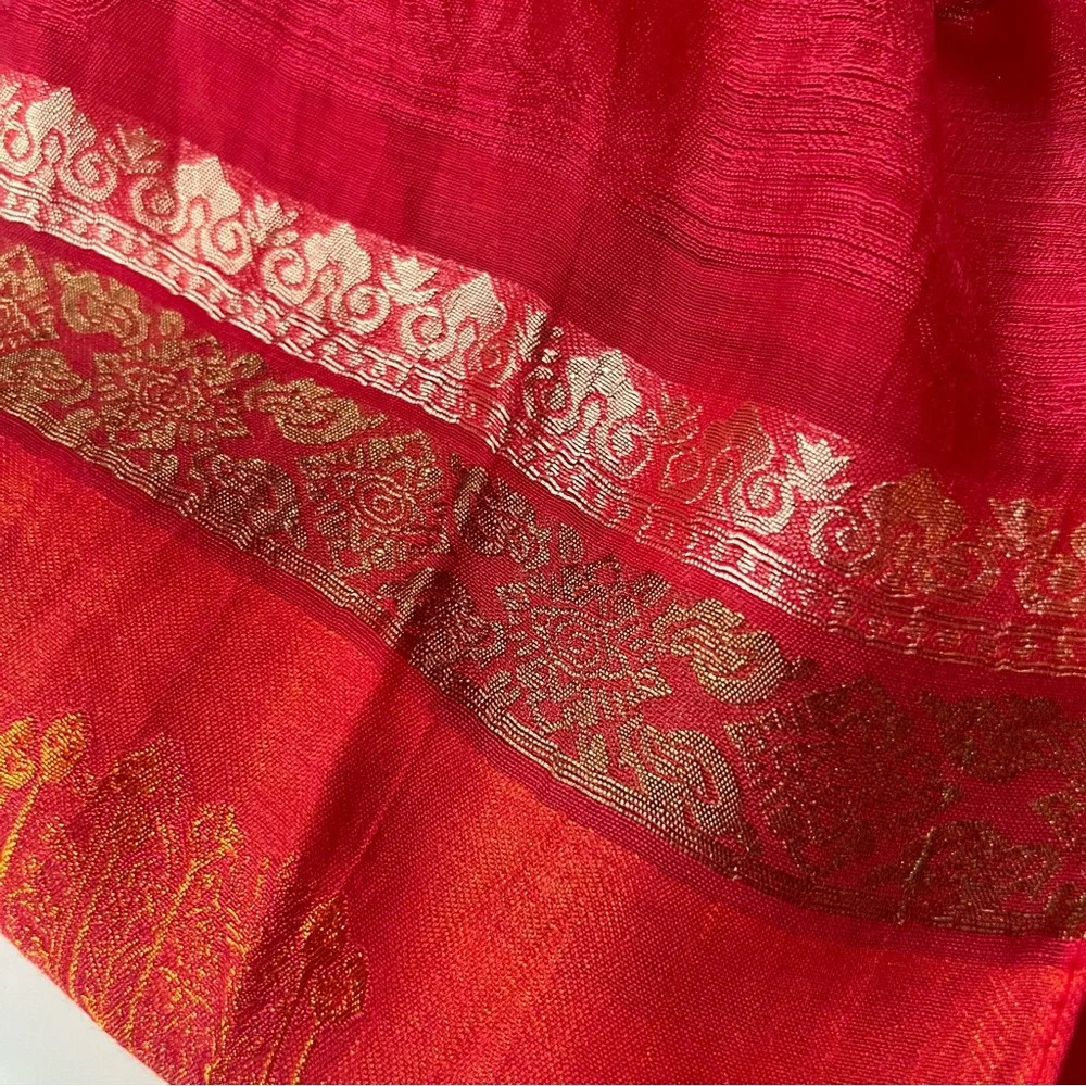 Silk Scarf Lightweight Moroccan India Design Damask Red Gold Orange - Picture 7 of 9